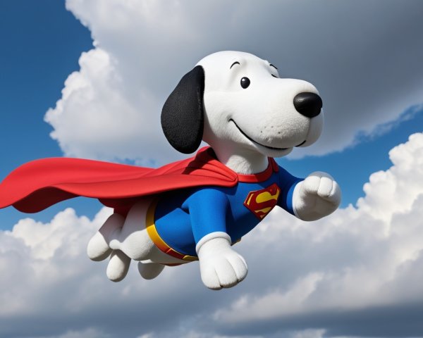 Cartoon Dog in Superhero Costume Flying in Blue Sky