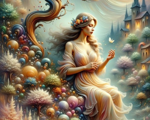 Ethereal Woman in Flowing Dress Surrounded by Fantasy