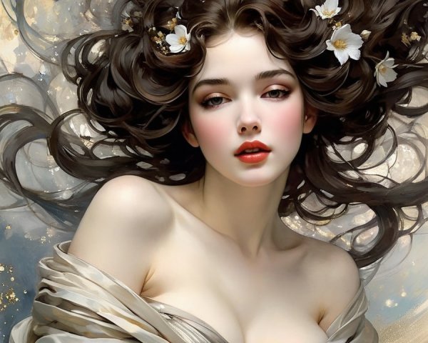 Portrait of a Young Woman with Dark Hair and Flowers
