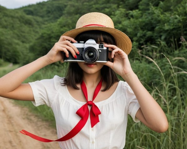 Young woman with vintage camera on a dirt path