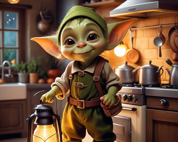 Whimsical Goblin Character in Cozy Kitchen Setting