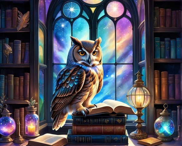 Majestic Owl in Cozy Library with Galaxy View