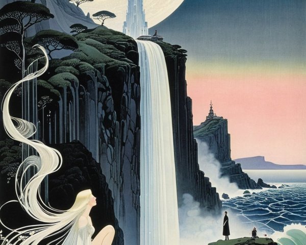 Fantastical Landscape with Waterfall and Ethereal Figure