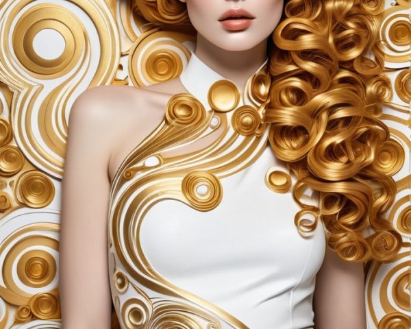 Golden Curly Hair Model in Elegant White Dress