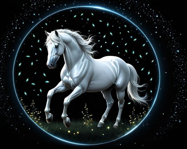 Majestic white horse in glowing circular frame with stars