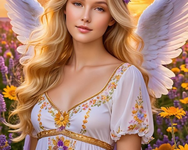 Young Woman with Angel Wings in Flower Field