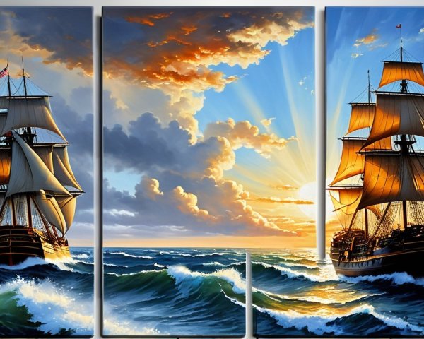 Triptych of Sailing Ships on Azure Waves and Sky