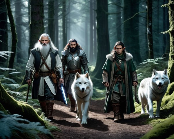 Three Figures in a Mystical Forest with Wolves