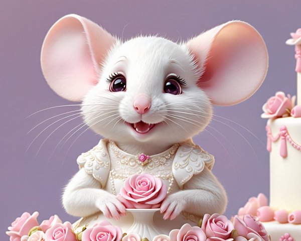 Cartoon White Mouse in Dress with Cake and Roses