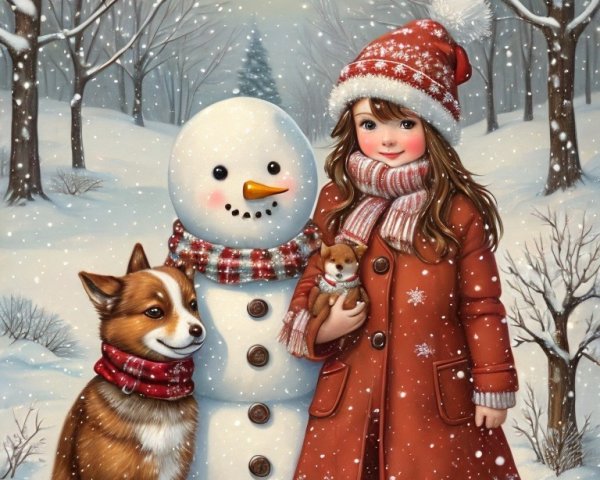 Young girl in red coat with puppy in snowy setting