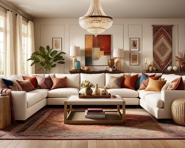 Spacious Living Room with White Sofa and Chic Decor