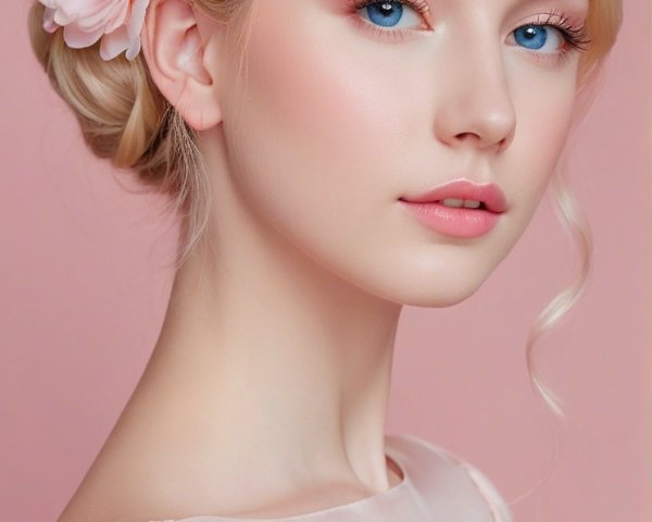 Young Woman in Pastel Pink Dress with Floral Details