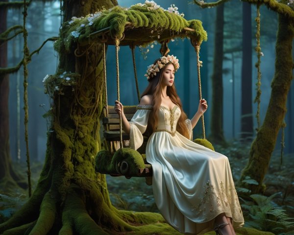 Young Woman on Swing in Mystical Forest Scene