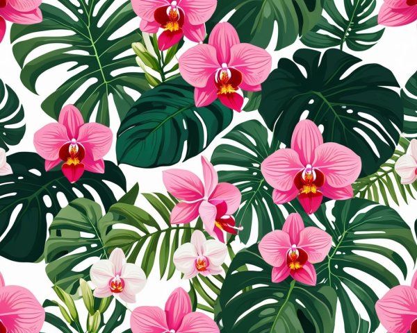 Tropical Pattern of Green Leaves and Pink Orchids