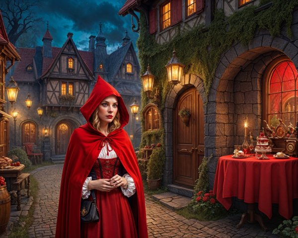 Young woman in red cloak in enchanting village scene