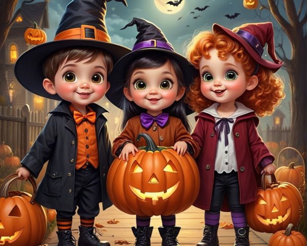 Children in Halloween Costumes with Pumpkins and Bats