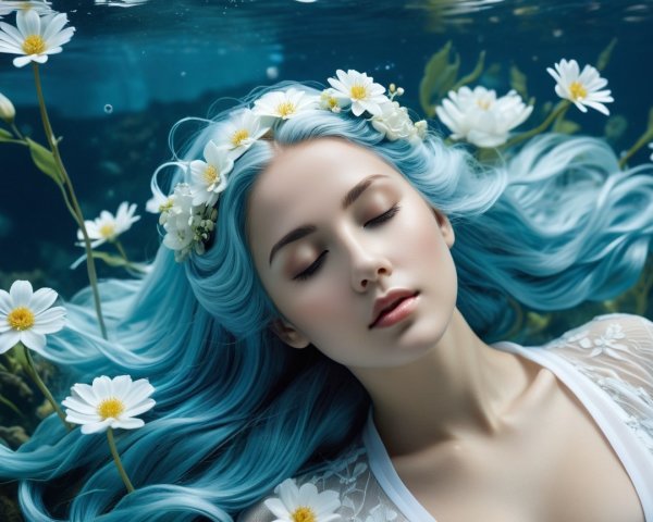 Underwater Scene of a Woman with Blue Hair and Flowers