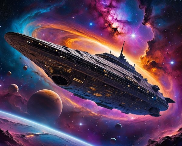 Futuristic Dark Gray Spaceship in Colorful Nebula