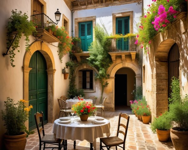 Charming Courtyard with Rustic Dining Table and Greenery