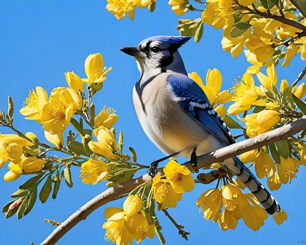 Blue Jay on Branch with Yellow Flowers and Clear Sky