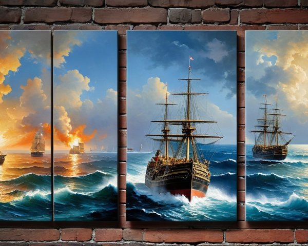 Dramatic Triptych of Sailing Ships in Colorful Seas