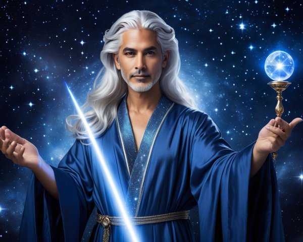 Mystical figure in cosmic setting with glowing orb
