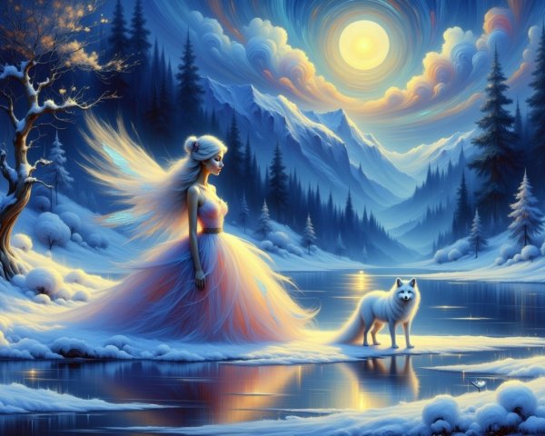 Ethereal Woman by Icy Lake in Winter Landscape