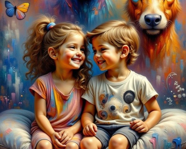 Children on a Bench with Colorful Animal Background