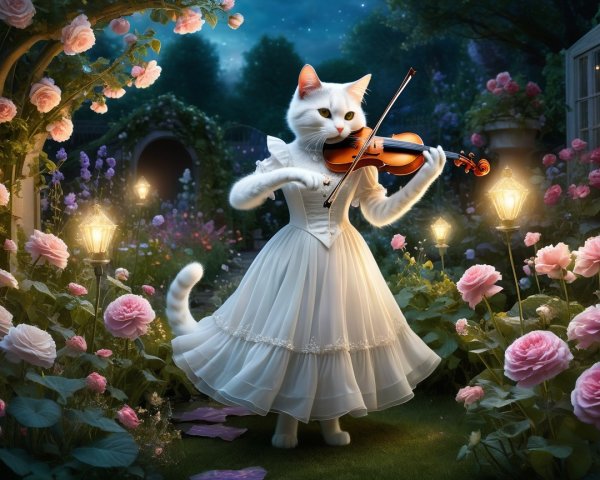 White Cat in Victorian Gown Playing Violin in Garden