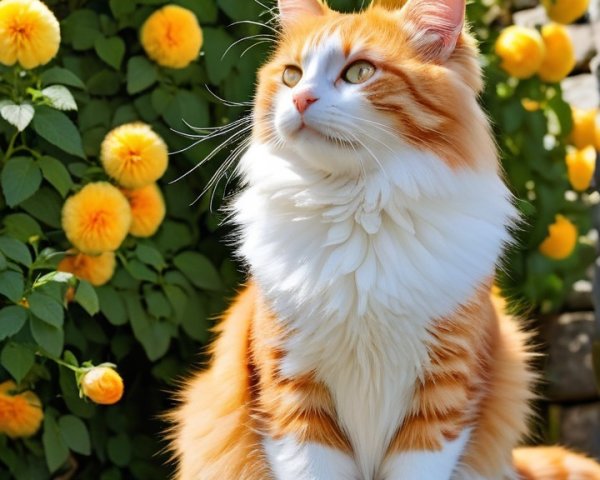 Fluffy Orange and White Cat Among Yellow Flowers