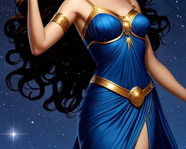 Regal figure in blue gown against starry night sky