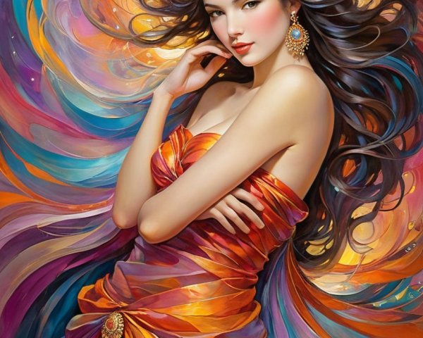 Stunning Woman in Vibrant Dress with Colorful Crown