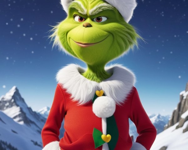Grinch in Santa Suit Against Snowy Holiday Backdrop