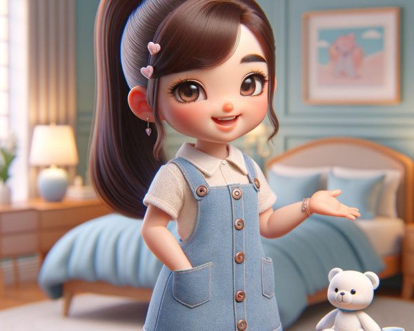 Cheerful Animated Girl in Cozy Bedroom Setting