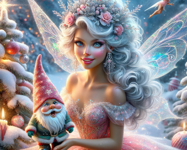 Fairy-tale princess in winter scene with gnome and fairy