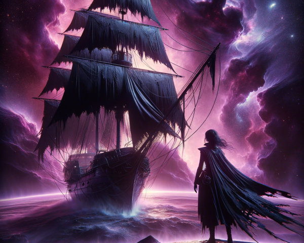 Mysterious Figure on Rocky Shore with Ancient Ship