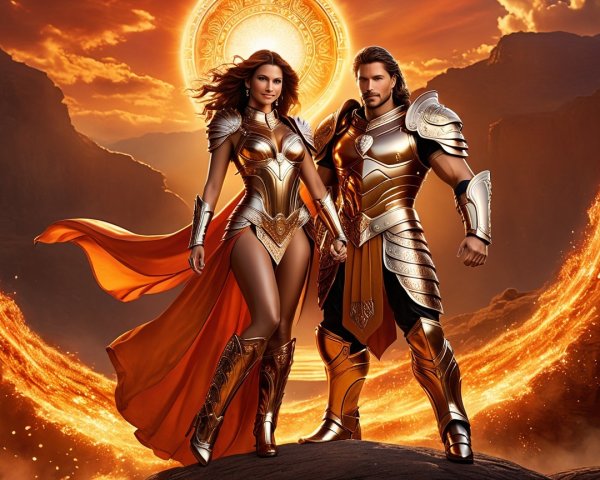 Heroic Duo in Armor Against a Sunset Backdrop