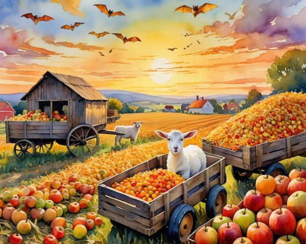 Autumn Landscape with Apple Fields and Sunset Glow