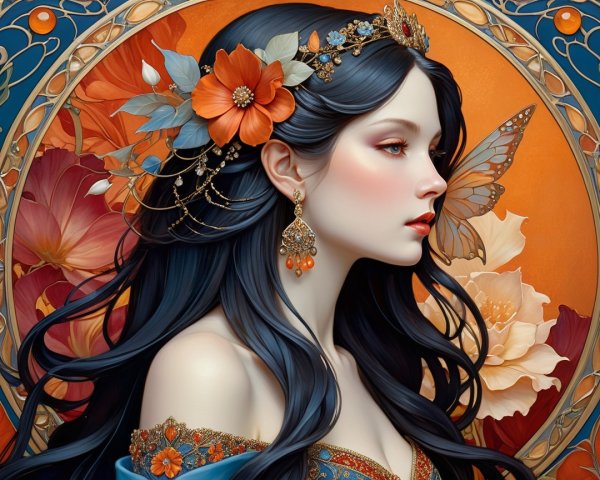 Young woman with dark hair and floral adornments