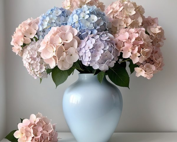Pastel Hydrangeas in Light Blue Vase Arrangement