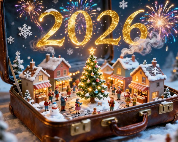 Miniature Christmas Village in Open Suitcase Display