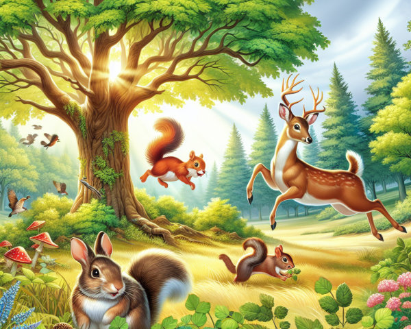 Vibrant Forest Scene with Cartoon Animals and Oak Tree