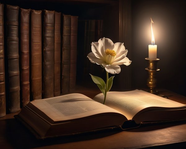 Open Book with Candlelight and White Flower on Wood