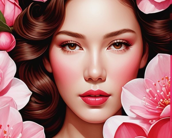 Portrait of a Young Woman Surrounded by Pink Flowers