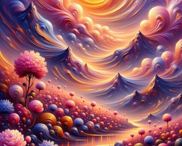 Vibrant Landscape with Sun, River, and Mountains