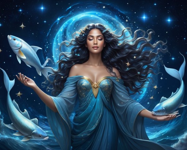 Serene figure in blue with cosmic backdrop and fish