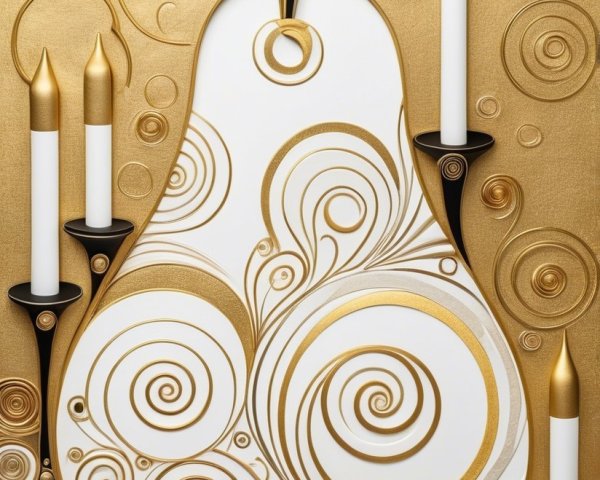 Stylized Pear Design with Gold Background and Candles