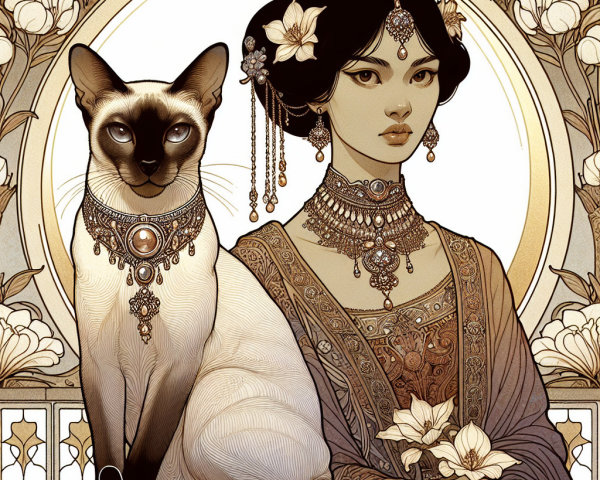 Elegant woman in traditional attire with a Siamese cat