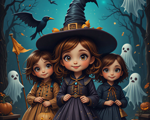 Cheerful Witches in a Whimsical Moonlit Scene