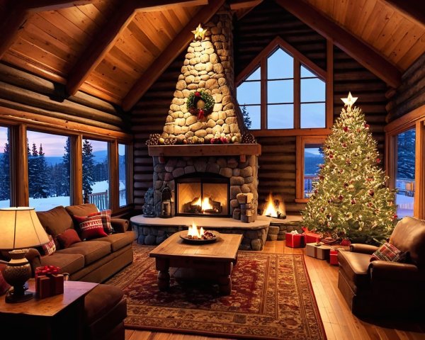 Cozy Christmas Log Cabin Living Room Decor Features